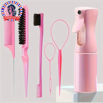 6-piece pink hair styling kit with edge brush, teasing brush, rat tail comb, topsy tail loops and spray bottle