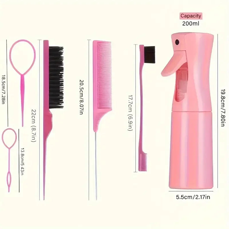 Hair styling kit sizes – 22cm teasing brush, 20.5cm rat tail comb, 17.7cm edge brush, 200ml spray bottle, 2 topsy tail loops