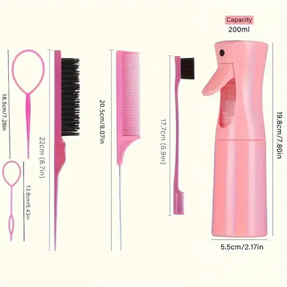 Hair styling kit sizes – 22cm teasing brush, 20.5cm rat tail comb, 17.7cm edge brush, 200ml spray bottle, 2 topsy tail loops