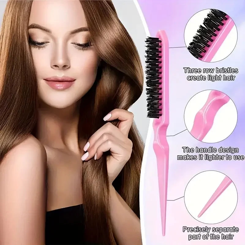 Pink 3-row bristle teasing brush for sleek ponytails and volume