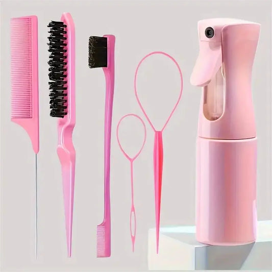 6-piece pink hair styling kit with edge brush, teasing brush, rat tail comb, topsy tail loops and mist spray bottle