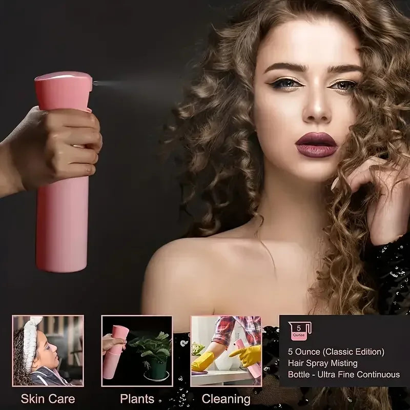 Continuous mist spray bottle used on curly hair – also for skin care, plants and cleaning